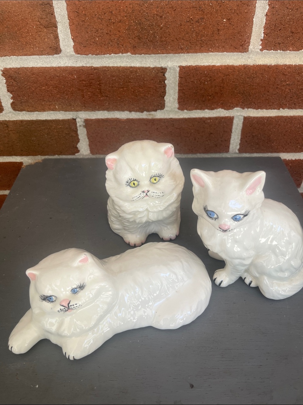 Vintage White Ceramic Cats Blue & green eyes Hand-painted Set of 3